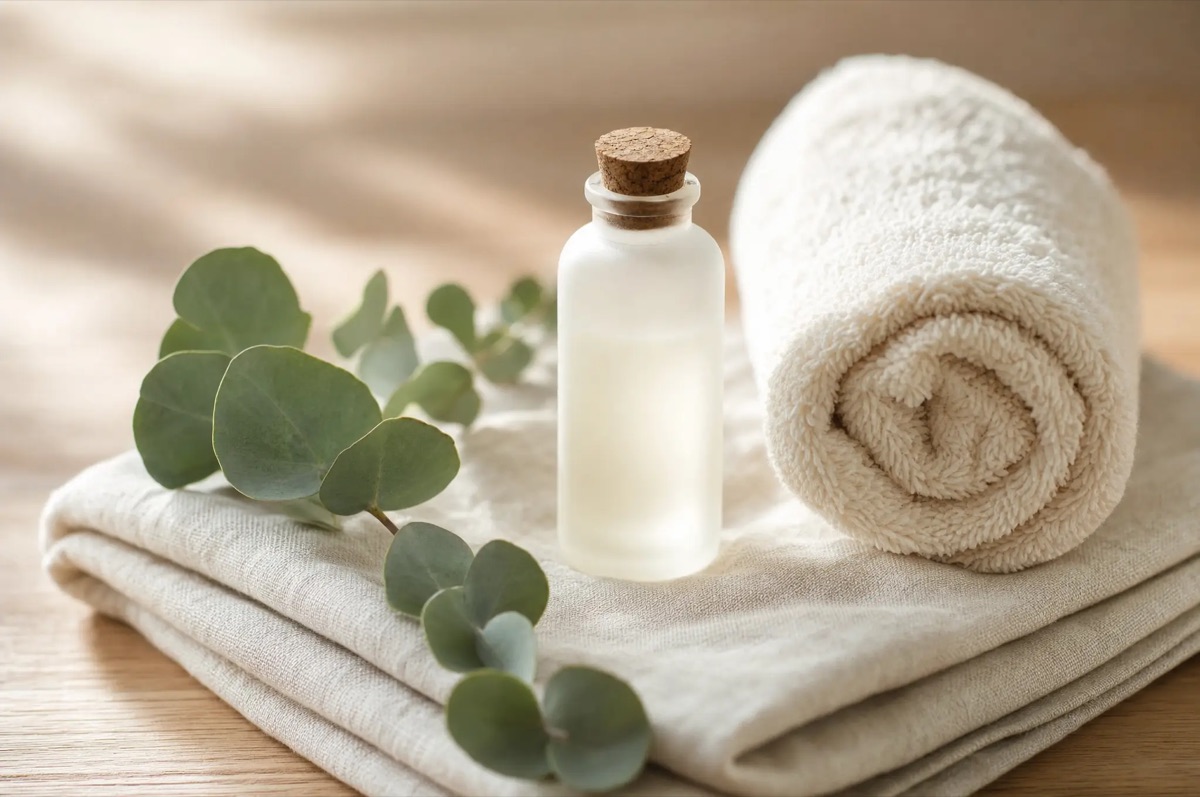 A calm spa-like still life with a small glass vial and linen
