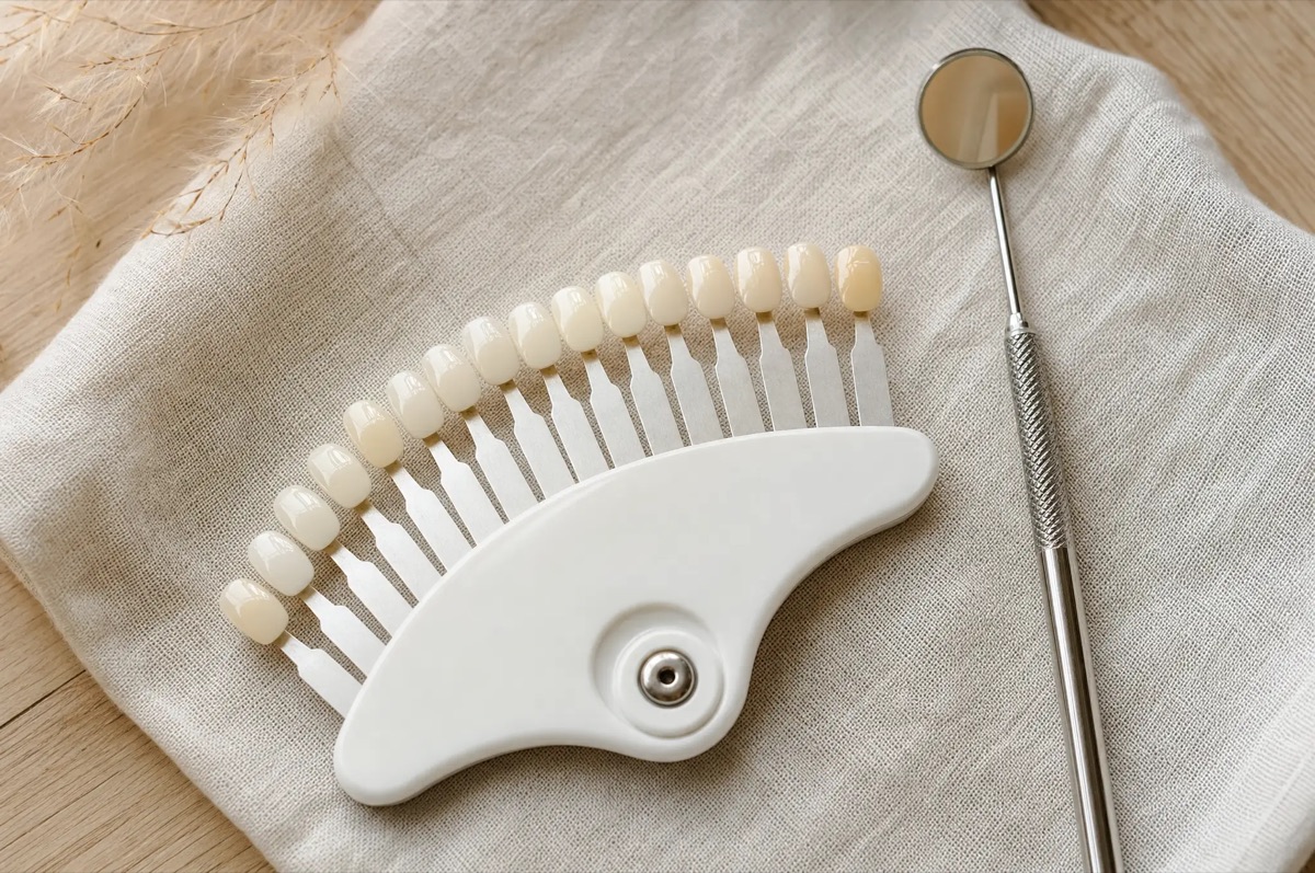 A porcelain shade guide fan and dental mirror on cream linen