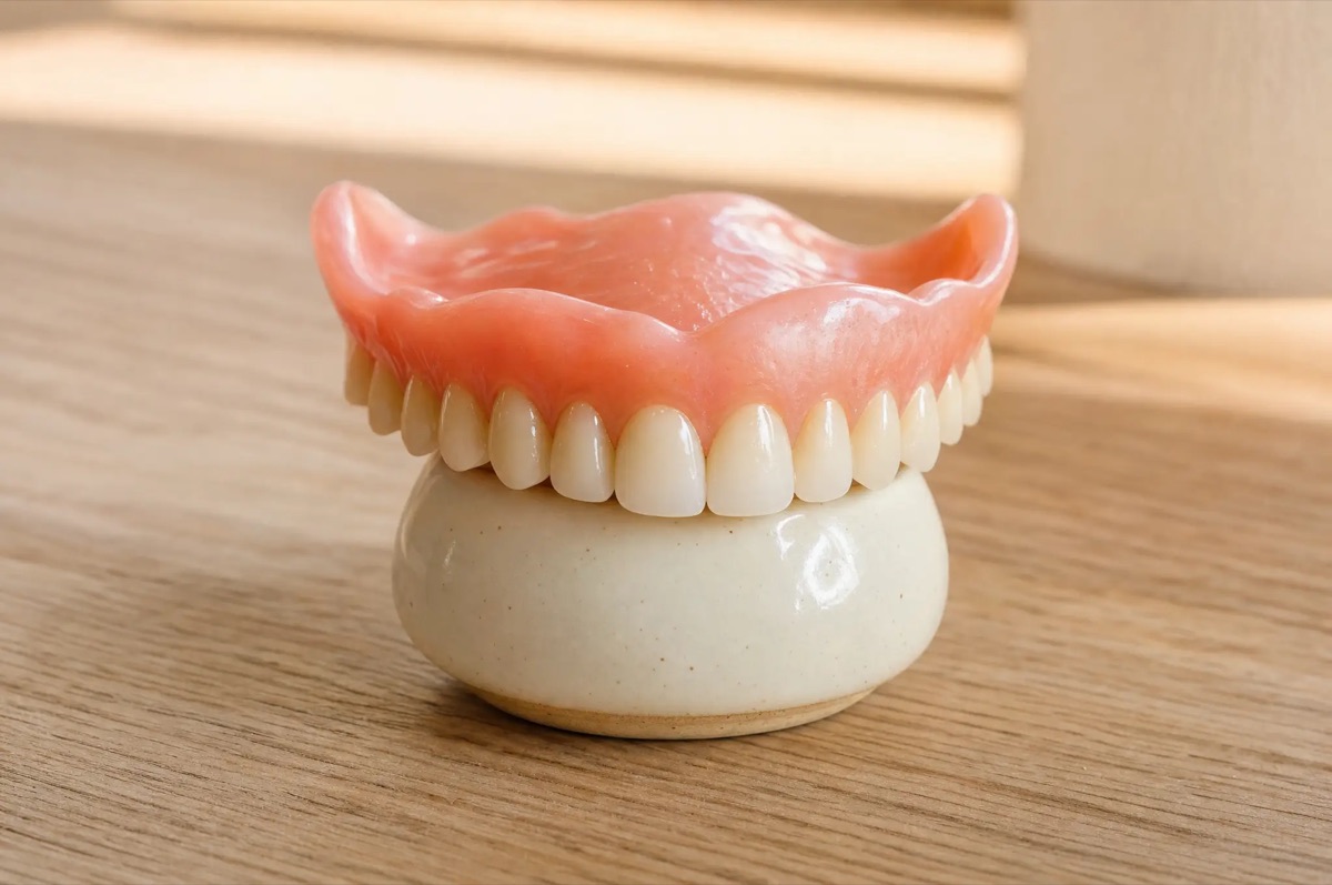 A full upper denture on a ceramic display stand