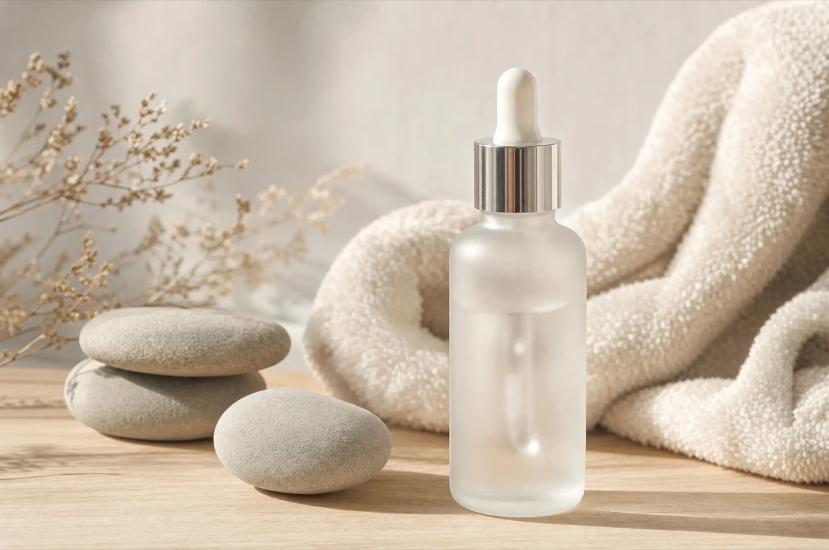 An aesthetic-care still life with a glass dropper bottle and soft towel