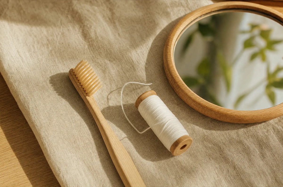 A toothbrush, dental floss, and a small mirror on linen