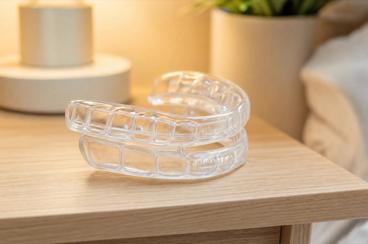 A clear oral sleep appliance on a bedside table at night