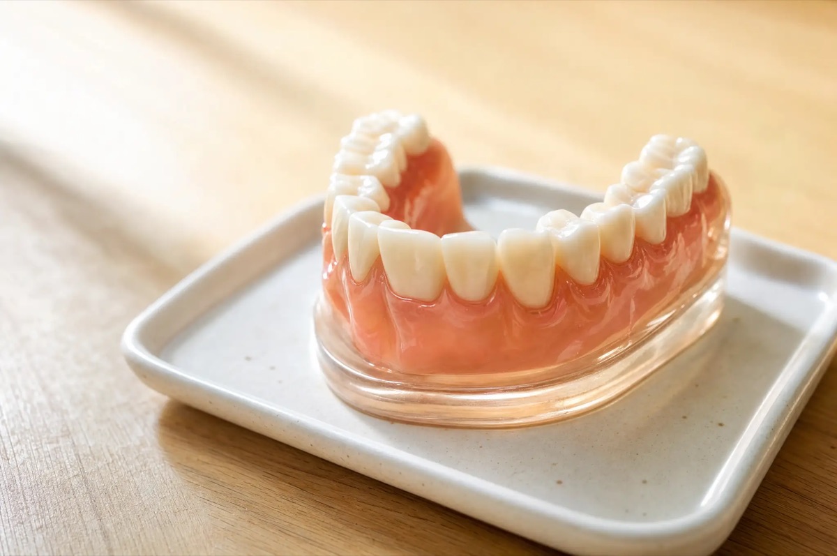 A glossy dental smile arch model on a ceramic tray