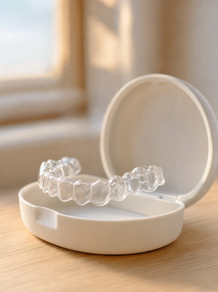 A clear aligner resting in its open case