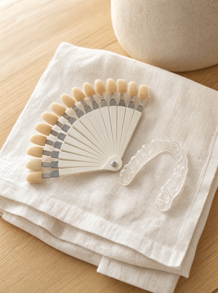 A tooth shade guide and whitening tray on a counter