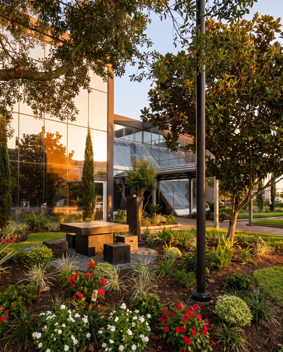 The Bellaire Dental Group building and garden on Chimney Rock at golden hour